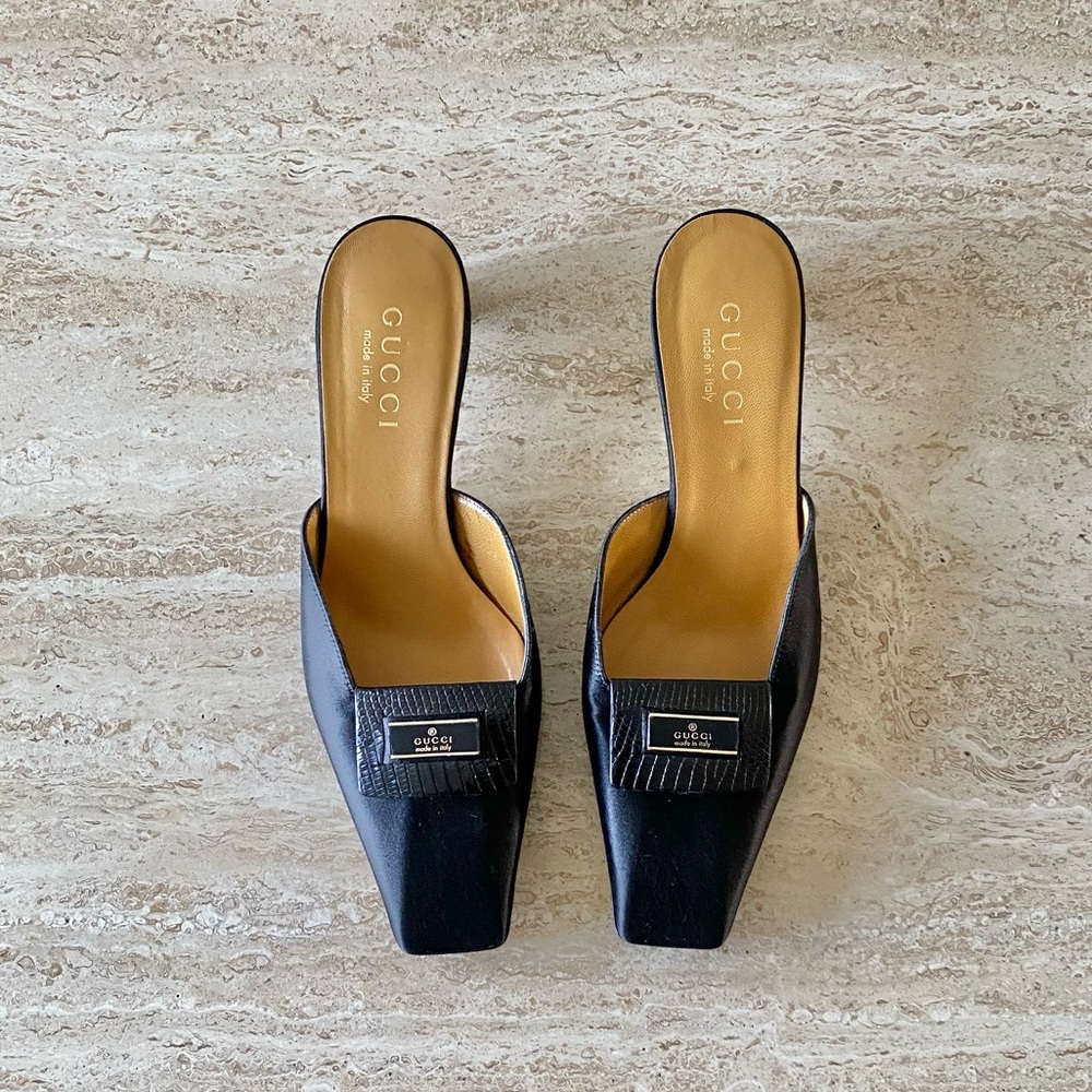 Vintage Gucci Tom Ford-era Satin Logo Kitten Heel Mules